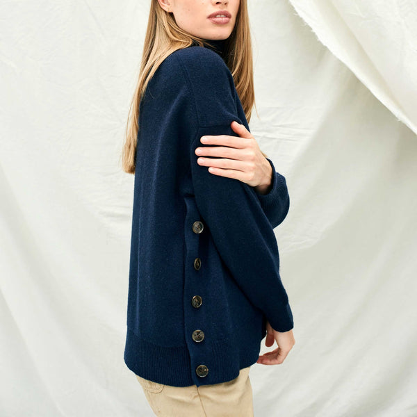 JUMPER 1234 Cashmere Wool Boyfriend Button Roll Collar in Navy