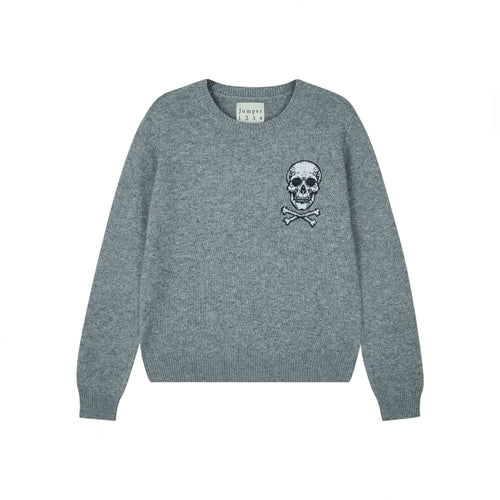 JUMPER 1234 Cashmere Wool Skull Patch Crew in Mid Grey