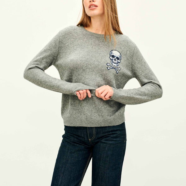 JUMPER 1234 Cashmere Wool Skull Patch Crew in Mid Grey