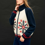 JUMPER 1234 Cashmere Wool Snowflake Zip Up in Cream and Navy