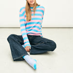 JUMPER 1234 Stripe Distressed Crew in Mint Blue and Candy