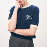 JUMPER 1234 Kiss Kiss Crew Neck T-shirt Cashmere Jumper in Navy/Jasmine