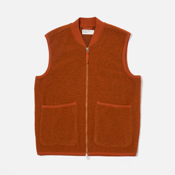UNIVERSAL WORKS Zip Waistcoat in Rust