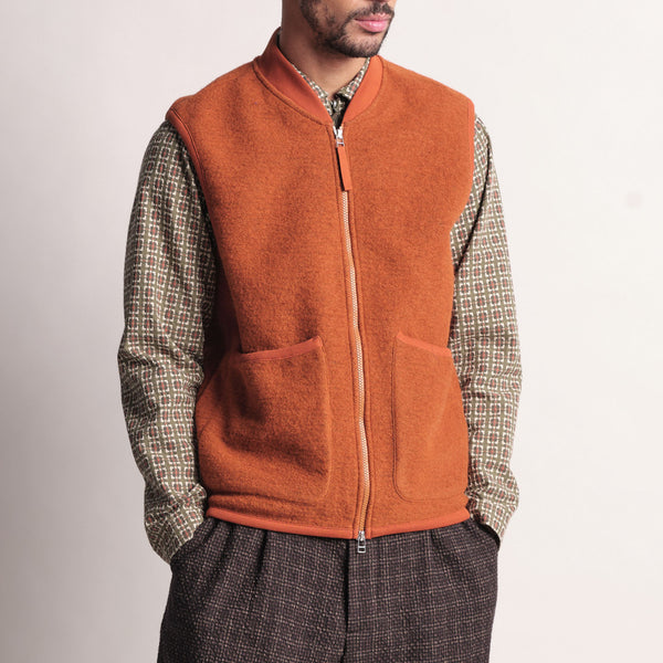 UNIVERSAL WORKS Zip Waistcoat in Rust
