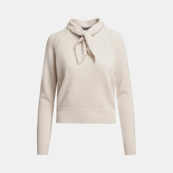 ESSENTIEL ANTWERP Kasa Tie Neck Jumper with Beads in Off White