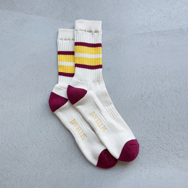 IVY ELLIS The Lanny Men's Crew Length Socks in Vintage Cream/Yellow/Red