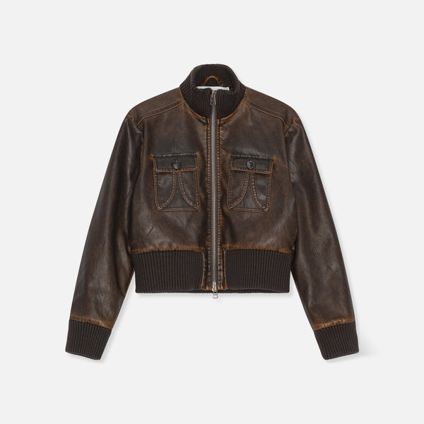 BAUM UND PFERDGARTEN Bailey Cropped Leather Bomber Jacket in Mole Brown