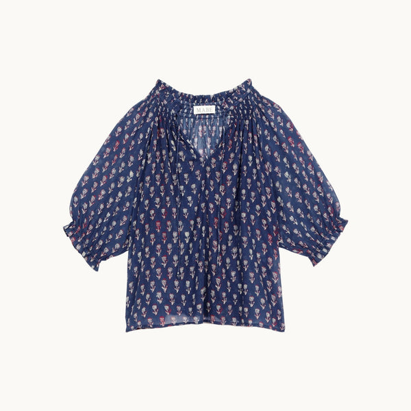 M.A.B.E Ari Print Short Sleeve Top in Indigo