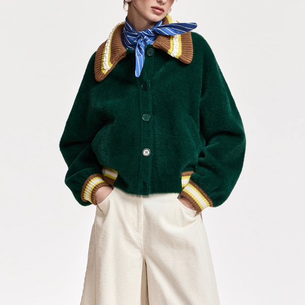 ESSENTIEL ANTWERP Kamore Knit Jacket with Collar in Forest Green