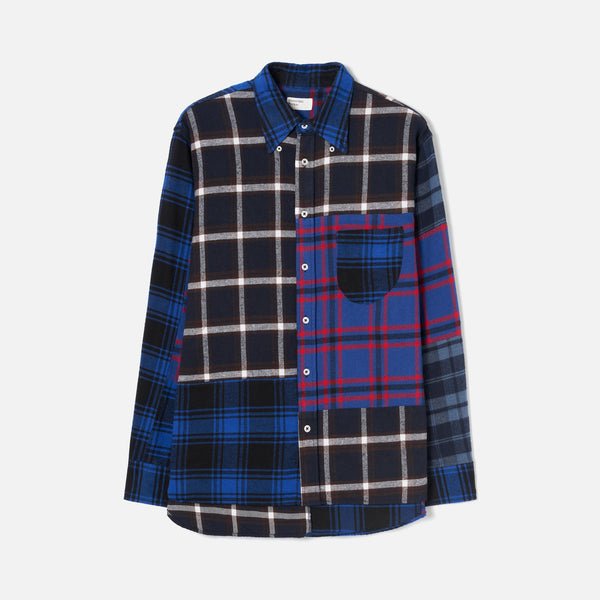 UNIVERSAL WORKS Lazy Day Patchwork Check Shirt in Blue