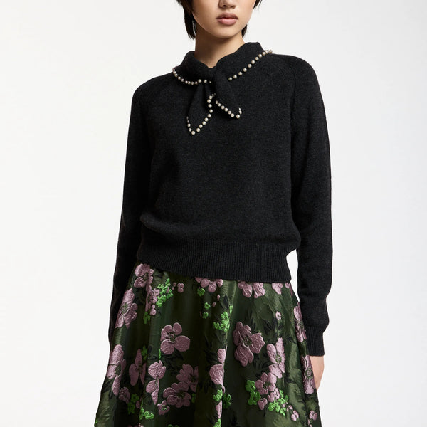 ESSENTIEL ANTWERP Kasa Tie Neck Jumper with Beads in Dark Grey