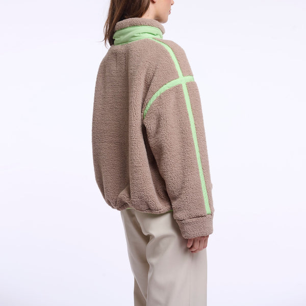 RINO & PELLE Sinai Cropped Teddy Fleece Jacket with Leopard Print Pocket in Light Mocha/Fluorescent Green