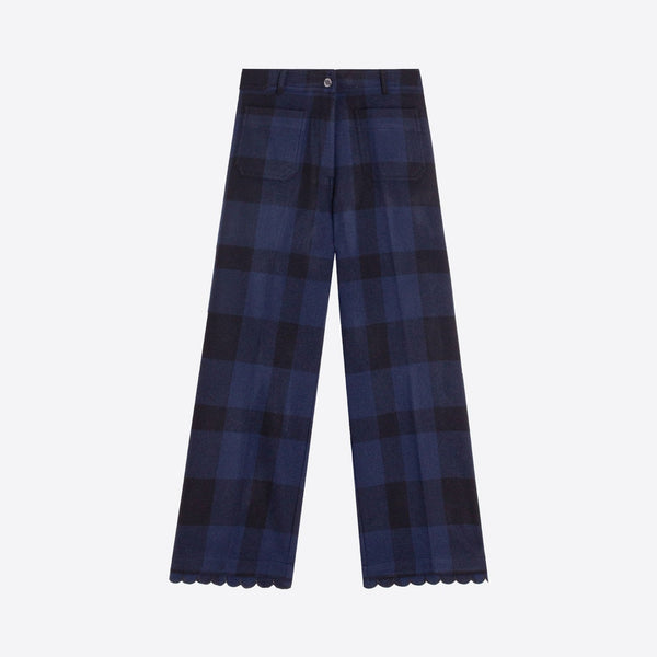 VILAGALLO Dorin Scallop Hem Check Trousers in Navy/Black