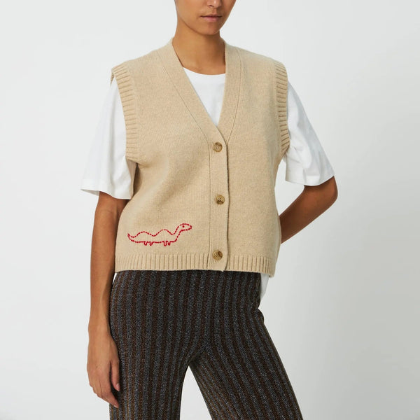 STELLA NOVA Embroidered Wool Knitted Vest in Creme