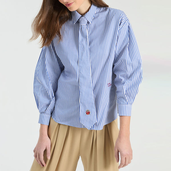 VILAGALLO Effie Stripe Shirt with Tie in Blue