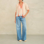 M.A.B.E Talia Embroidered Short Sleeve Top in Beige/Orange