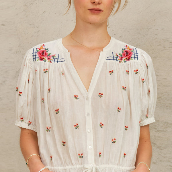M.A.B.E Harlie Embroidered Short Sleeve Top in Ecru/Multi