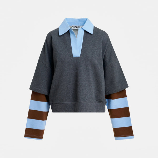 ESSENTIEL ANTWERP Kantelou Layered Polo Sweatshirt with Striped Sleeves in Blue/Brown/Dark Grey