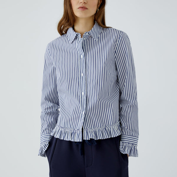 OUI Stripe Frill Cuff and Hem Shirt in White/Blue