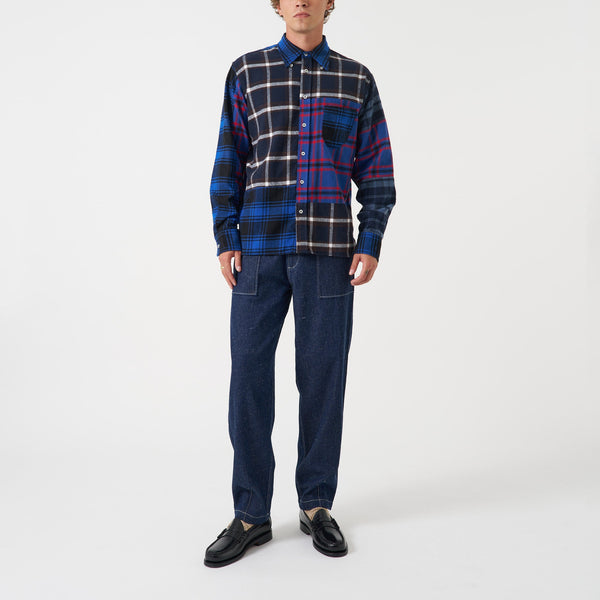 UNIVERSAL WORKS Lazy Day Patchwork Check Shirt in Blue