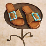 PENELOPE CHILVERS Biarritz Buckle Suede Sandals in Tan