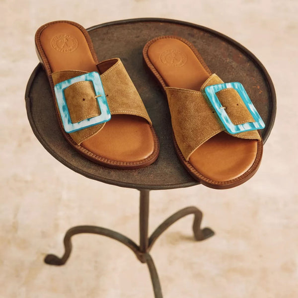 PENELOPE CHILVERS Biarritz Buckle Suede Sandals in Tan