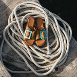 PENELOPE CHILVERS Biarritz Buckle Suede Sandals in Tan