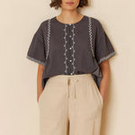 INDI & COLD Embroidered Trapeze Shirt in Charcoal