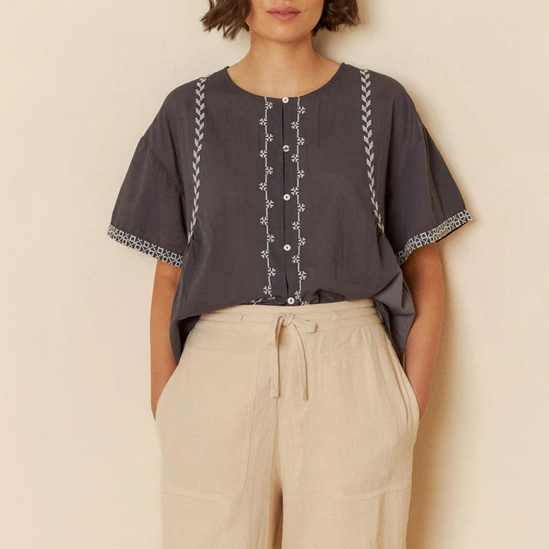 INDI & COLD Embroidered Trapeze Shirt in Charcoal