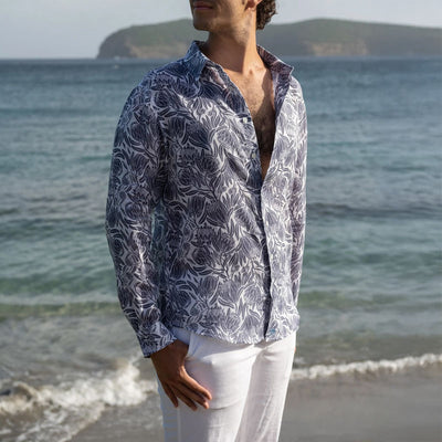 PINK HOUSE MUSTIQUE 100% Linen Protea Shirt in Aubergine