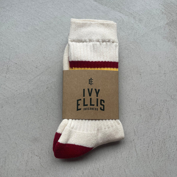 IVY ELLIS The Lanny Men's Crew Length Socks in Vintage Cream/Yellow/Red