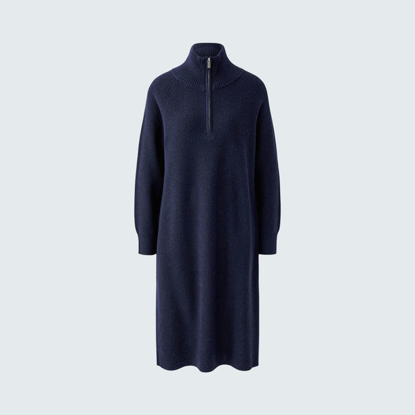 OUI Quarter Zip Funnel Neck Midi Dress in Dark Blue