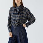 OUI Long Check Tie Neck Blouse in Dark Blue/Camel
