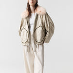 MARFA STANCE Parachute Silk Nylon Bomber Jacket in Pale Olive/Oyster
