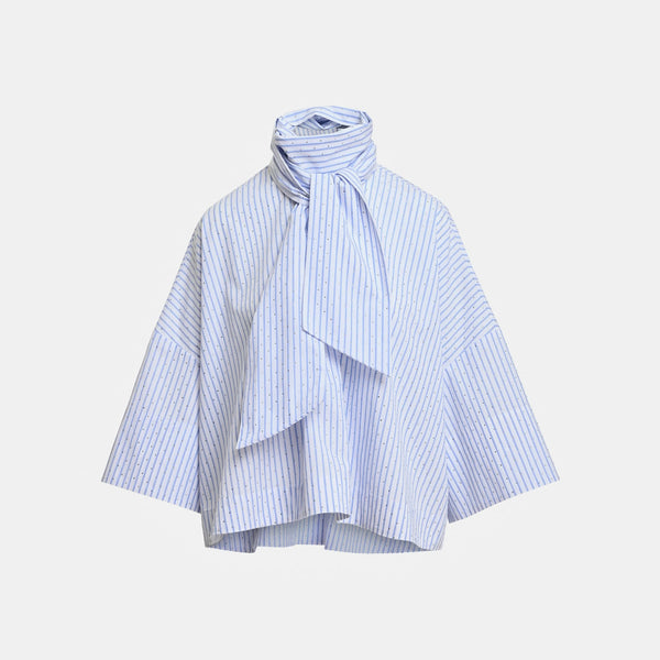 ESSENTIEL ANTWERP Kefir Striped Pussy-bow Top with Trumpet Sleeves in Light Blue/White
