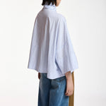 ESSENTIEL ANTWERP Kefir Striped Pussy-bow Top with Trumpet Sleeves in Light Blue/White