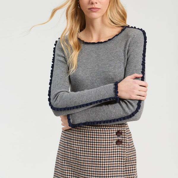 VILAGALLO Frill Rib Jumper in Grey Melange/Navy