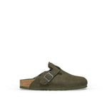 BIRKENSTOCK Boston Shearling Suede Leather Mules in Thyme