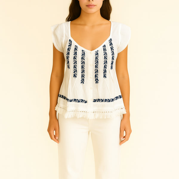 HANDPRINT DREAM APPAREL Thalassa Cotton Embroidered Top in White/Black