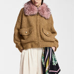 ESSENTIEL ANTWERP Kanada Knitted Jacket with Fur in Camel/Pink