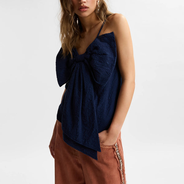 ESSENTIEL ANTWERP Jogs Large Bow Babydoll Top in Patriot Blue