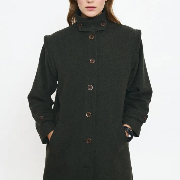 BEATRIZ FUREST Tabare Long Wool Button Up Coat in Olive