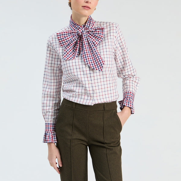 VILAGALLO Niki Check Shirt with Tie Neck in White/Red