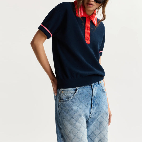 ESSENTIEL ANTWERP Kontrast Knitted Polo in Navy