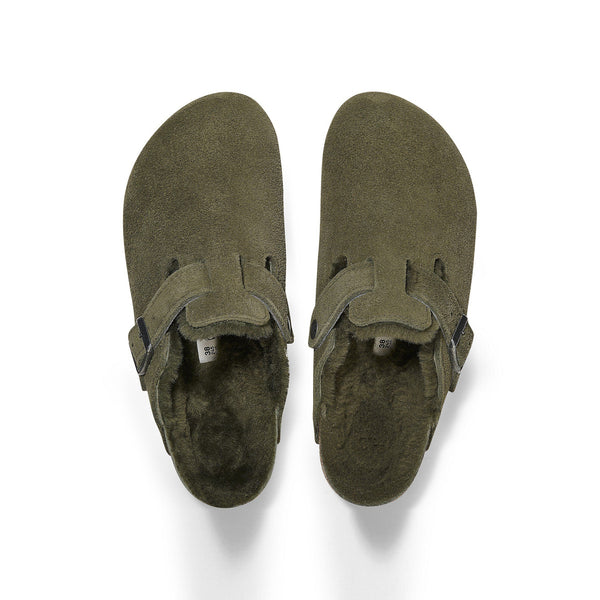 BIRKENSTOCK Boston Shearling Suede Leather Mules in Thyme