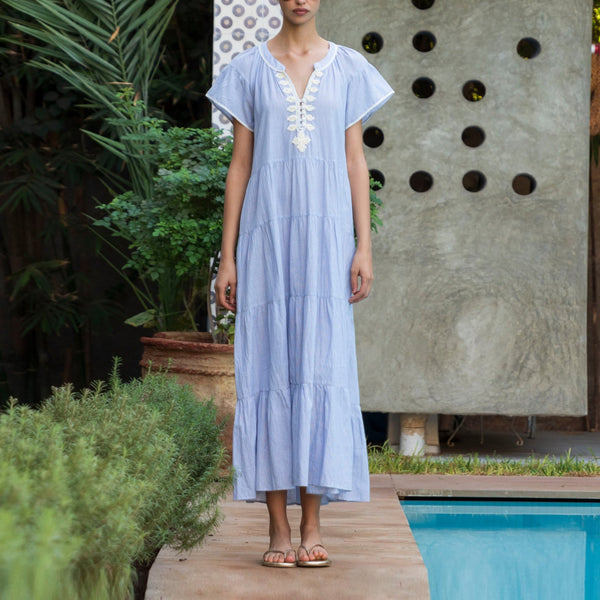 ROSE AND ROSE Camelia Striped Long Dress in White/Blue
