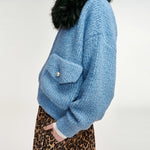 ESSENTIEL ANTWERP Kanada Knitted Jacket with Fur in Blue/Green