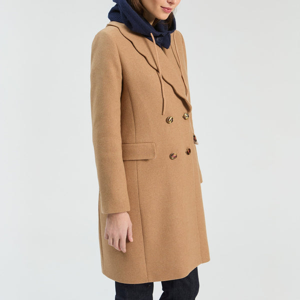VILAGALLO Loretta Scallop Long Wool Coat in Camel