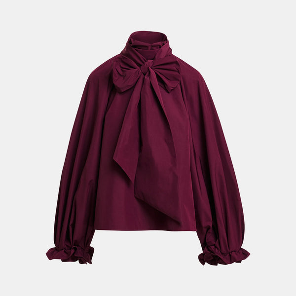 ESSENTIEL ANTWERP Keily Pussy Bow Tie Taffeta Top in Wine