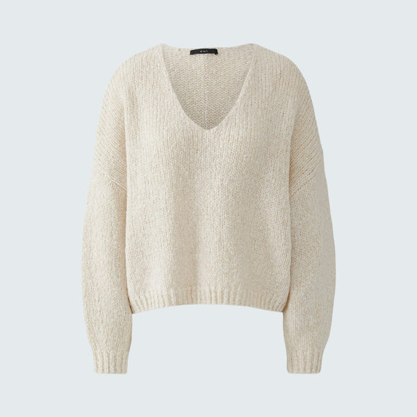 OUI V Neck Loose Fit Jumper in Light Beige Melange